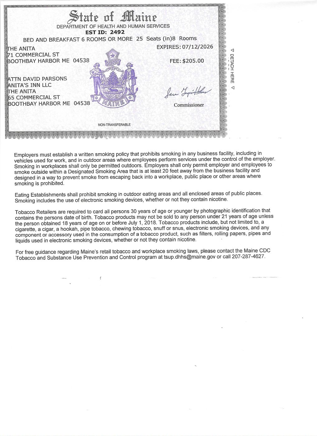 Maine bed and breakfast license issued as THE ANITA